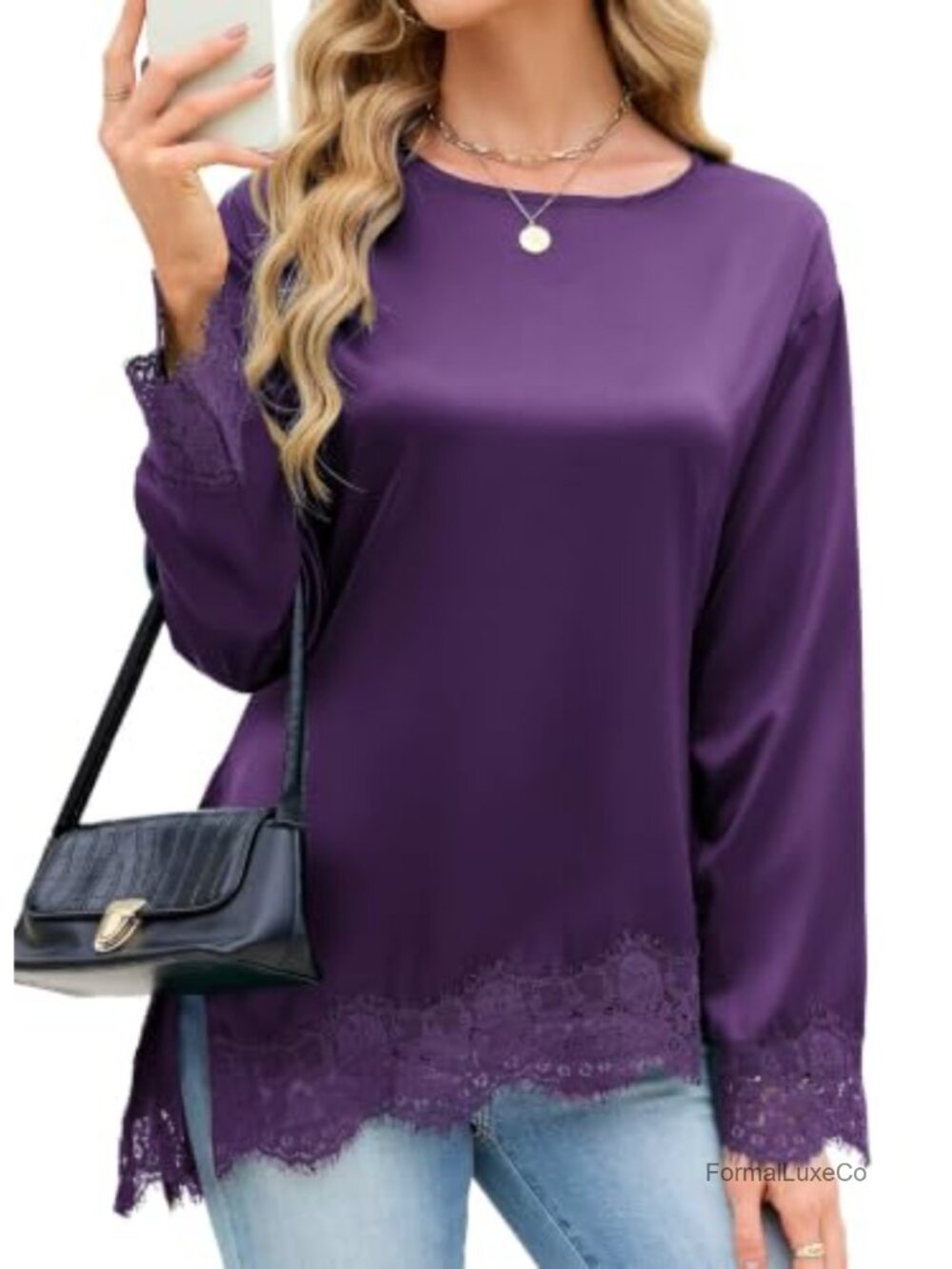 Womens Lace Cuff Long Sleeve Satin Blouse Asymmetrical Top